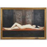 CHINESE CONTEMPORARY SCHOOL - Portrait of a nude woman lying in front of a large decoratively carved