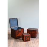 THREE LATE 19TH CENTURY CHINESE LACQUER AND PEN WORK TEA CHESTS IN GRADUATING SIZES. The larger