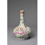 A CHINESE CANTON FAMILLE ROSE PORCELAIN BOTTLE VASE, 19TH CENTURY. Squat globular body leading in