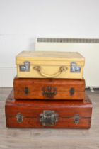 TWO CHINESE MID 20TH CENTURY-STYLE SUITCASES AND A MID-CENTURY WOOD AND VELLUM COVERED SUITCASE, .