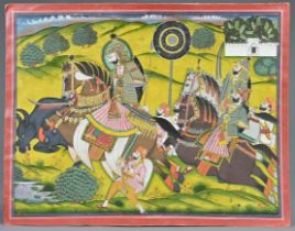 AN INDIAN GOUACHE PAINTING AND GILT WORK OF MAHARAO RAM SINGH II OF KOTA. Depicted on horse back