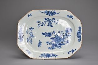 A CHINESE BLUE AND WHITE PORCELAIN MEAT DISH, 18TH CENTURY. Of rectangular form with canted