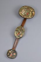 A CHINESE STONE AND SILVER WIRE INLAID HARDWOOD RUYI SCEPTRE, QING DYNASTY OR REPUBLIC PERIOD.