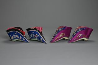 TWO PAIR OF CHINESE EMBROIDERED SILK LOTUS SHOES, EARLY 20TH CENTURY. The first pair in bright