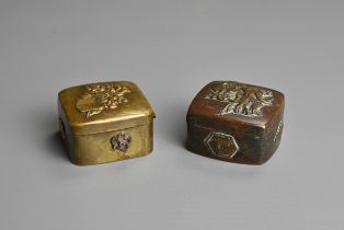 TWO JAPANESE MEIJI PERIOD (1868-1912) SMALL BRONZE SNUFF-BOXES. Each of square form, the first