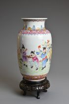 A CHINESE FAMILLE ROSE PORCELAIN LANTERN VASE, REPUBLIC PERIOD. Enamel decorated featuring eight