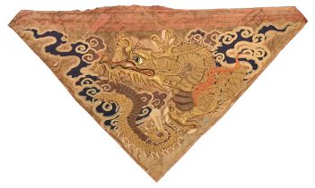 A JAPANESE MEIJI PERIOD (1868-1912) EMBROIDERED SILK, GOLD THREAD AND WOOL TRIANGULAR-SHAPED