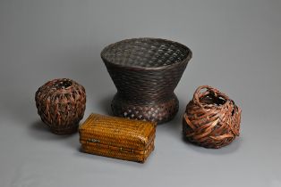 A JAPANESE WOVEN BAMBOO BOX AND COVER, 20TH CENTURY. Of rectangular form, with gilt metal foliage