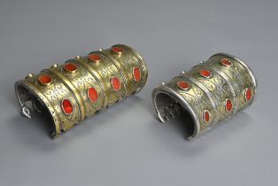 TWO TURKOMAN TURKMEN TEKKE TRIBAL SILVER FIRE GILDED CARNELIAN CUFF BRACELETS, 19/20TH C.