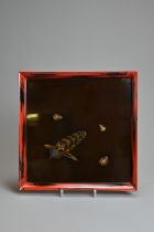A 20TH CENTURY JAPANESE BLACK LACQUER TRAY OF SQUARE SECTION. Decorated with feathers, within a