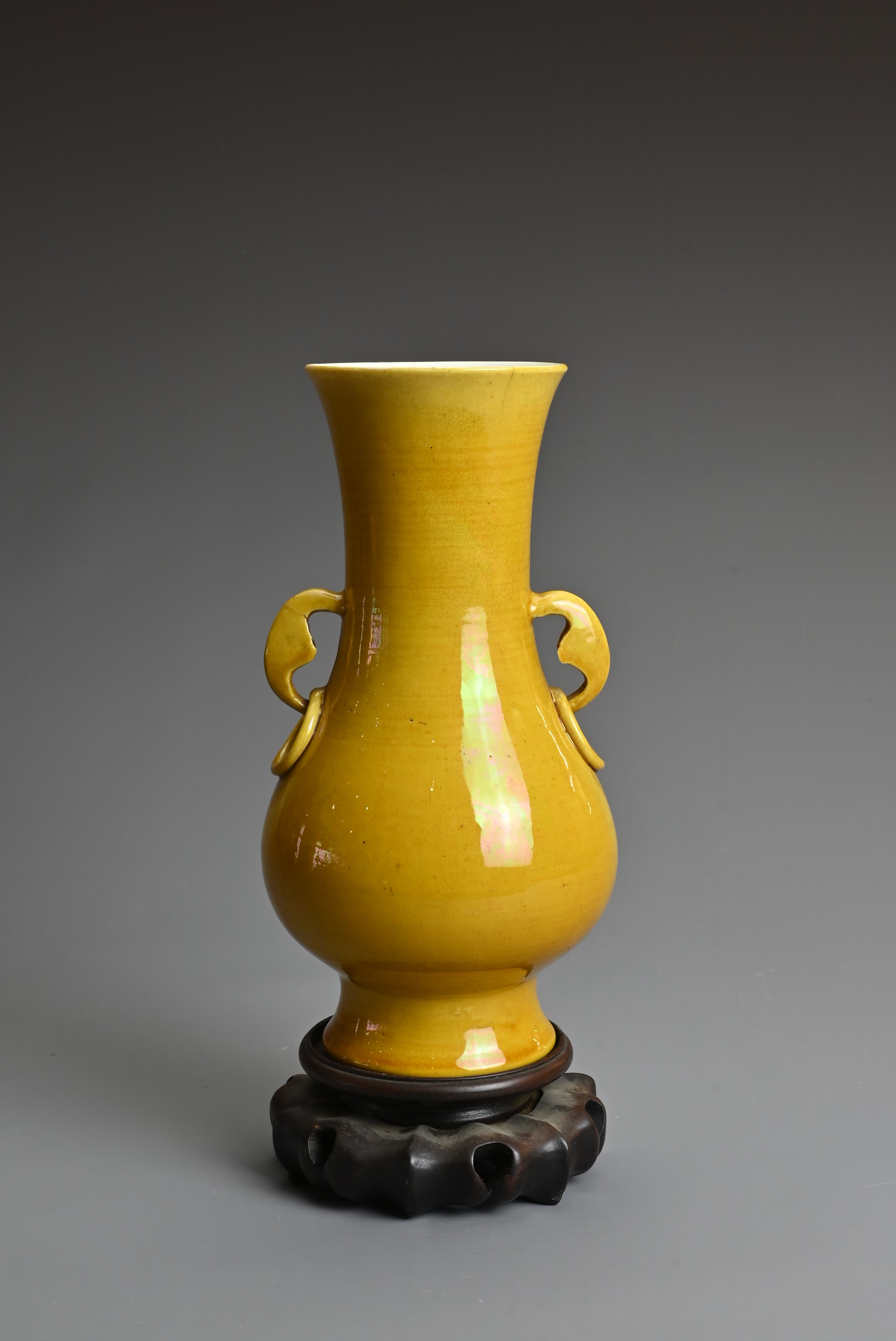 A CHINESE YELLOW GLAZED PORCELAIN VASE, LATE QING DYNASTY. Of baluster form covered in a with M