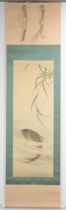 A JAPANESE SHOWA PERIOD, 1930S PAINTED HANGING SCROLL. Painted with carp on silk mounted on paper,