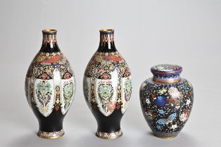 A PAIR OF JAPANESE LATE MEIJI PERIOD (1868-1912) CLOISONNE ENAMEL TAPERING OVIFORM VASES AND AN
