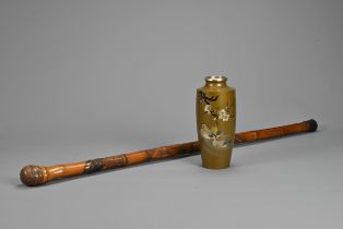 A 20TH CENTURY JAPANESE MIXED METAL VASE AND A MEIJI PERIOD (1868-1912) CARVED BAMBOO WALKING