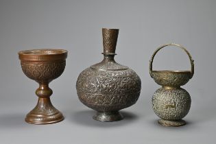 A LATE 19TH/EARLY 20TH CENTURY INDO-PERSIAN TINNED COPPER VASE, A BRASS GLOBULAR HANDLED VASE AND