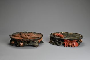 TWO JAPANESE LACQUER OPENWORK LOTUS STANDS, 19/20TH CENTURY, MEIJI. Each lotus tray above openwork