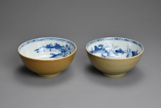 A PAIR OF CHINESE NANKING CARGO PORCELAIN BOWLS, 18TH CENTURY. Each cafe au lait ground exteriors