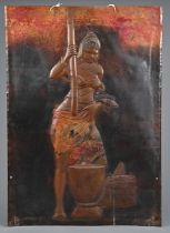 A 20TH CENTURY AFRICAN LARGE EMBOSSED COPPER PLAQUE OF RECTANGULAR FORM. Decorated with an African