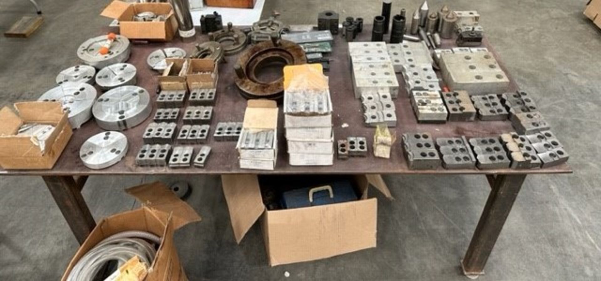 Lathe Soft Jaws, Steady Rest, Pie Jaws, Live Centers, Tool Holders Etc. Contents on Table