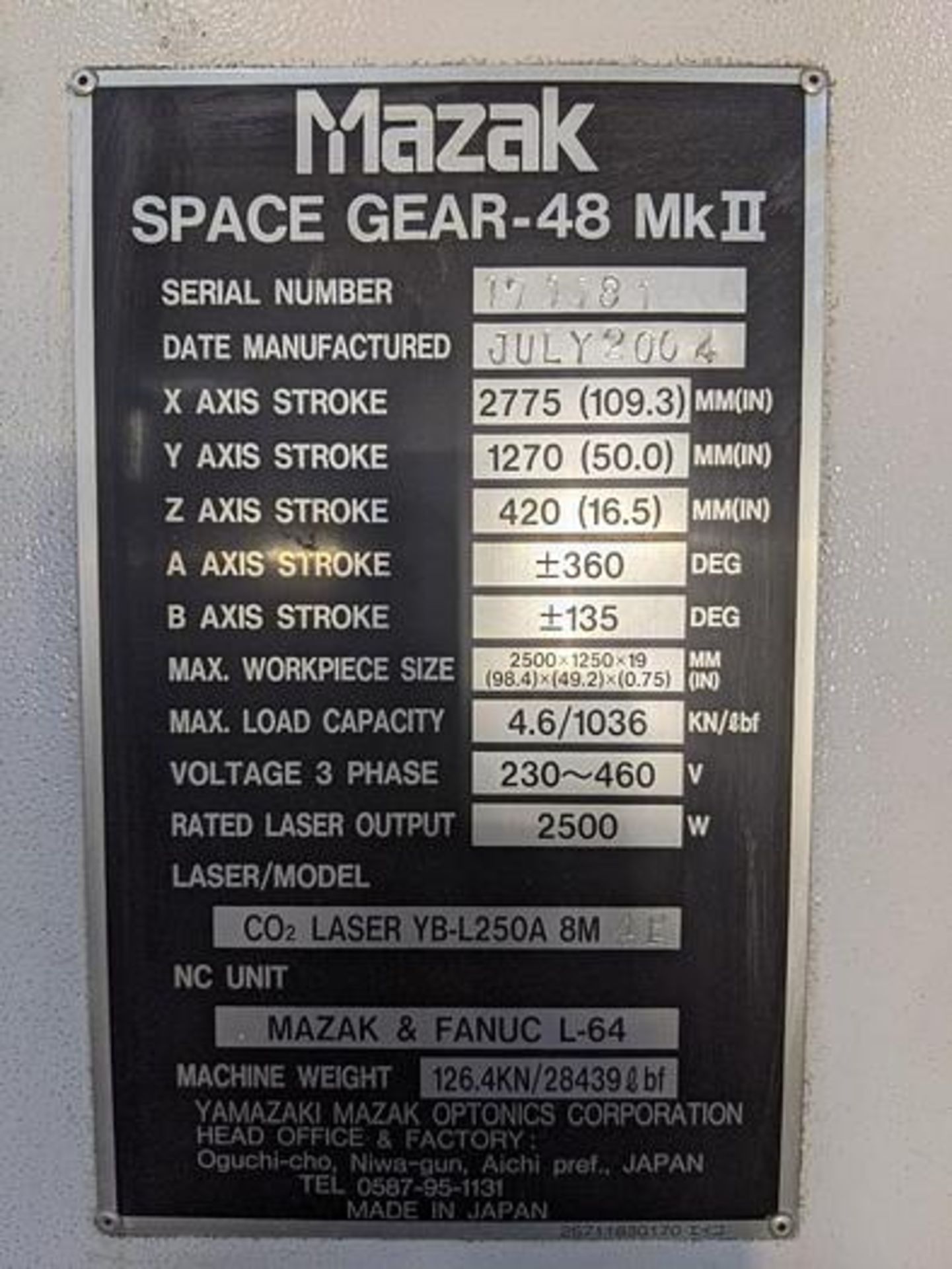 2004 MAZAK Space Gear-48 MK II 5-Axis 2500 Watt CO2 Laser - Bild 15 aus 17
