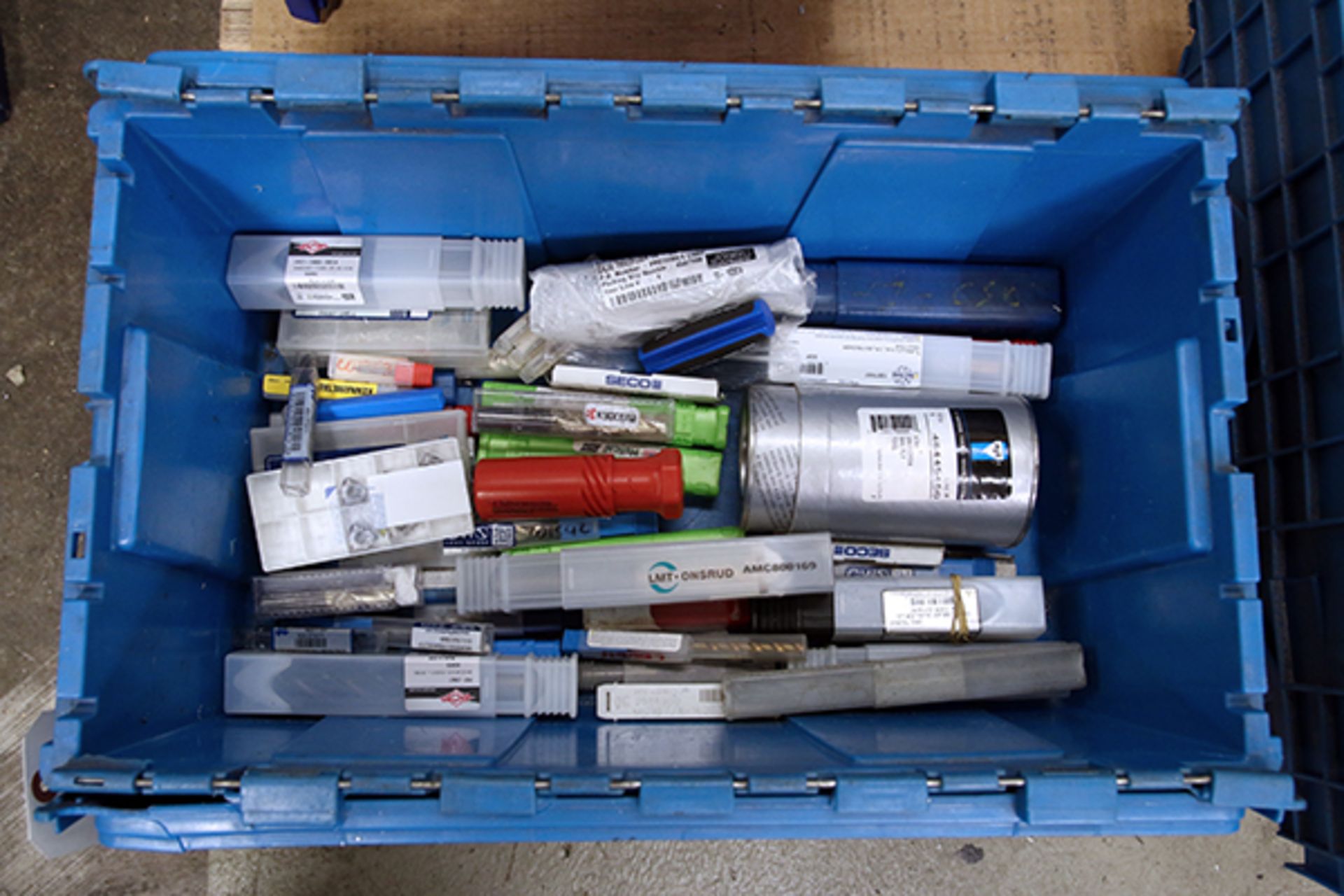 Bin of Misc. Drill Bits, Mills and Carbide Inserts