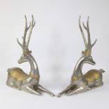 Pair of silver-plated and gilded deer in brass