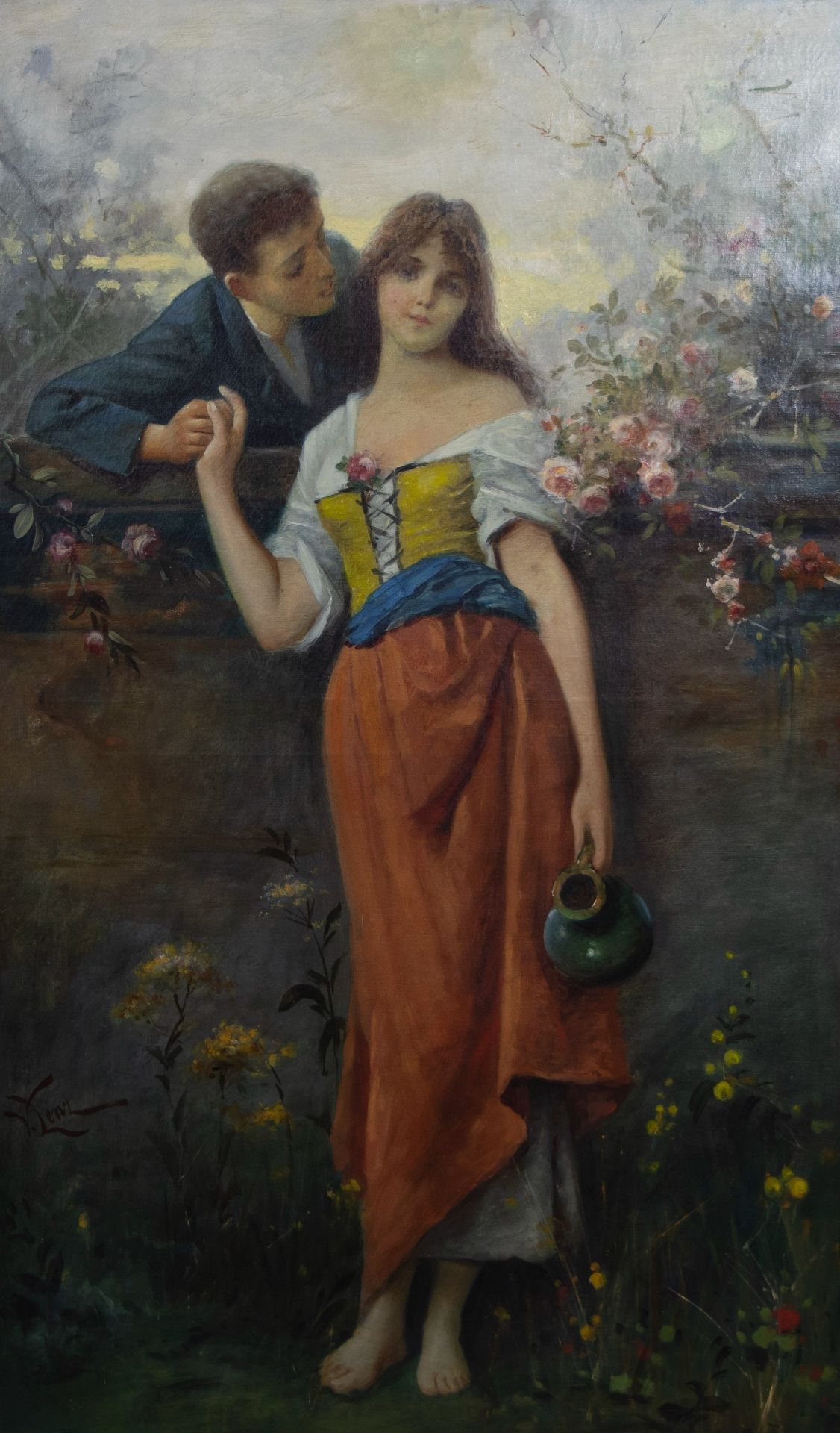 German school 19th century Oil on canvas Romantic scene, signed V Lenz