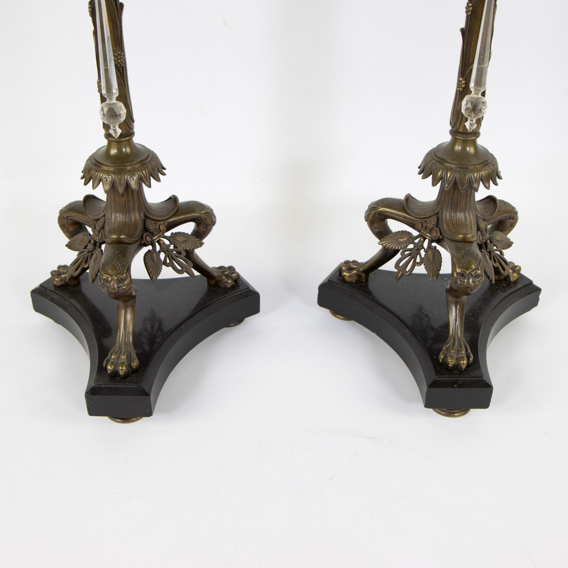 Two large rare solid bronze 19th century candlesticks with 7 light points, standing on claw feet and - Image 2 of 5