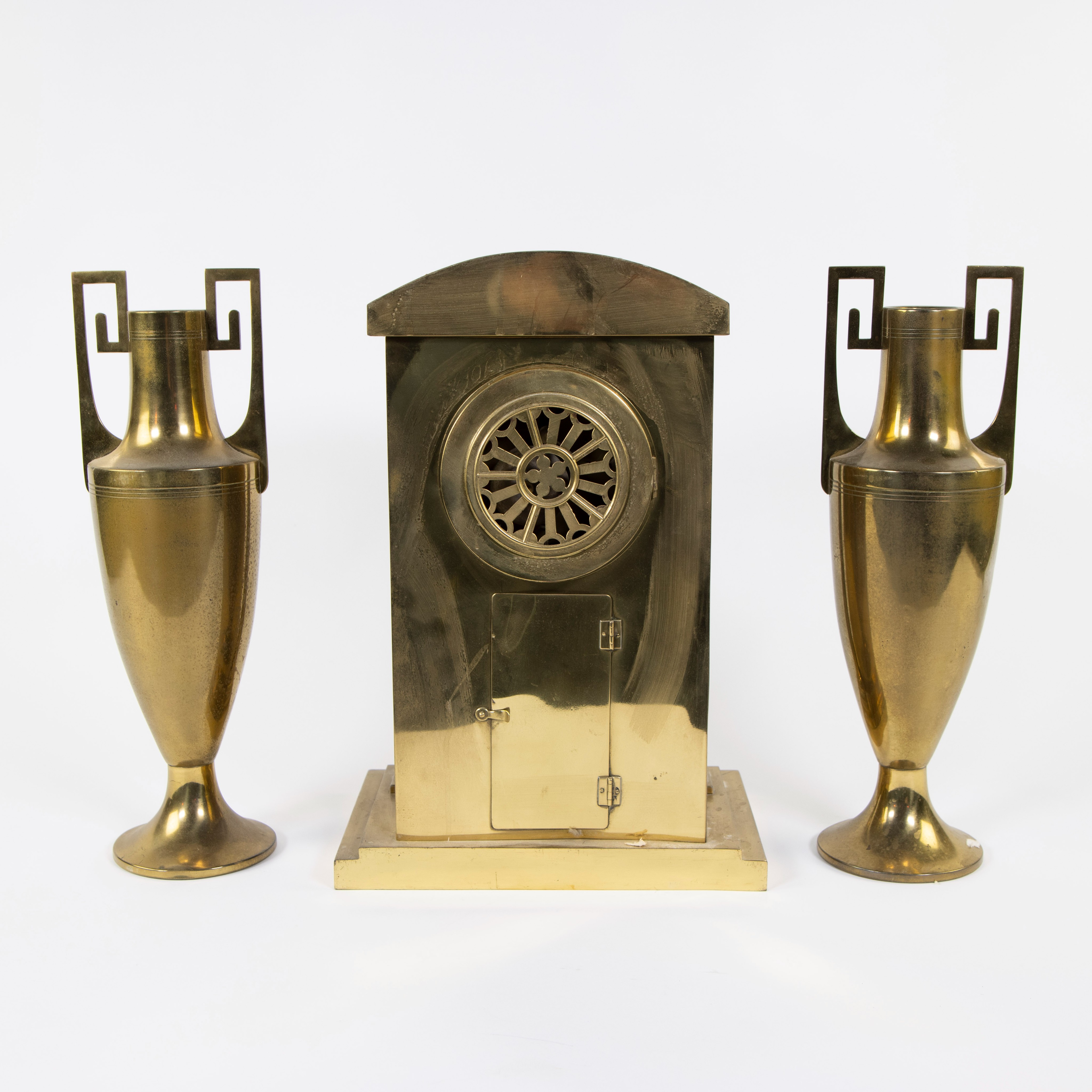 3 piece Art Deco mantelpiece set in yellow copper, Amsterdam School circa 1920 - Image 3 of 5