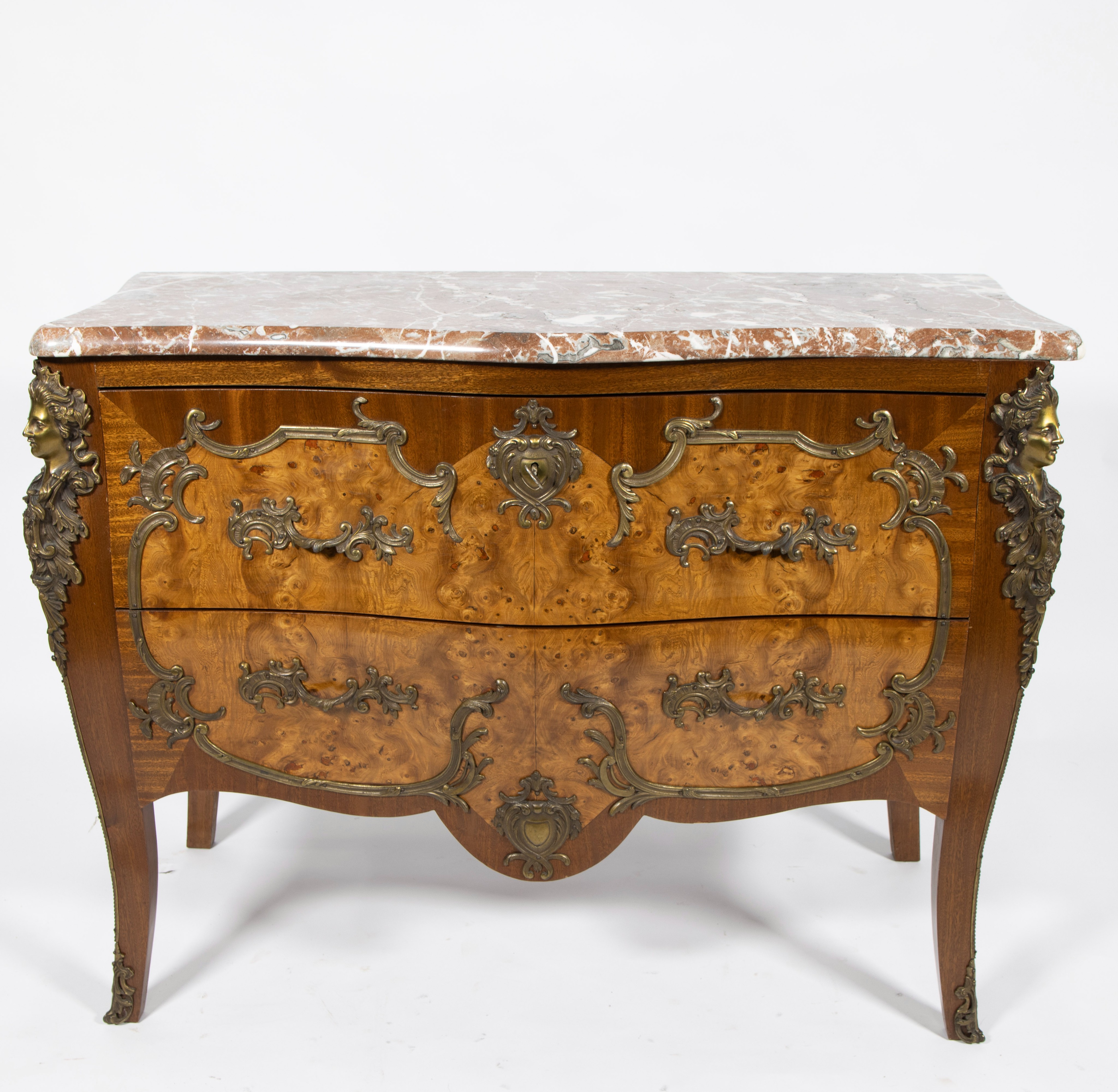 Chest of drawers style Louis XV with bronze ornaments and marble top