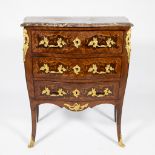 Chest of drawers inlaid with various precious woods, with marble top and gilded bronzes, Louis XV st