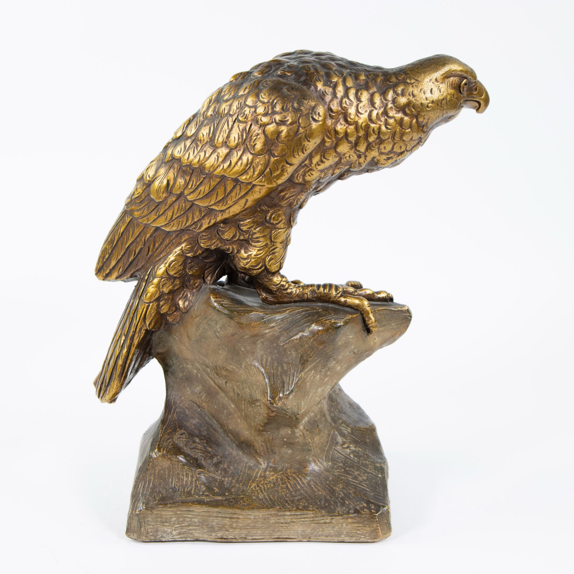 Gilded patinated plaster of an eagle. Illegeable signed. - Image 4 of 6