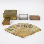 Collection of tea box, boxes and fan decorated with romantic garden scenes 19th century