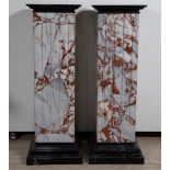 Stunning pair of gray and brown veined marble pedestals with black marble top and bottom