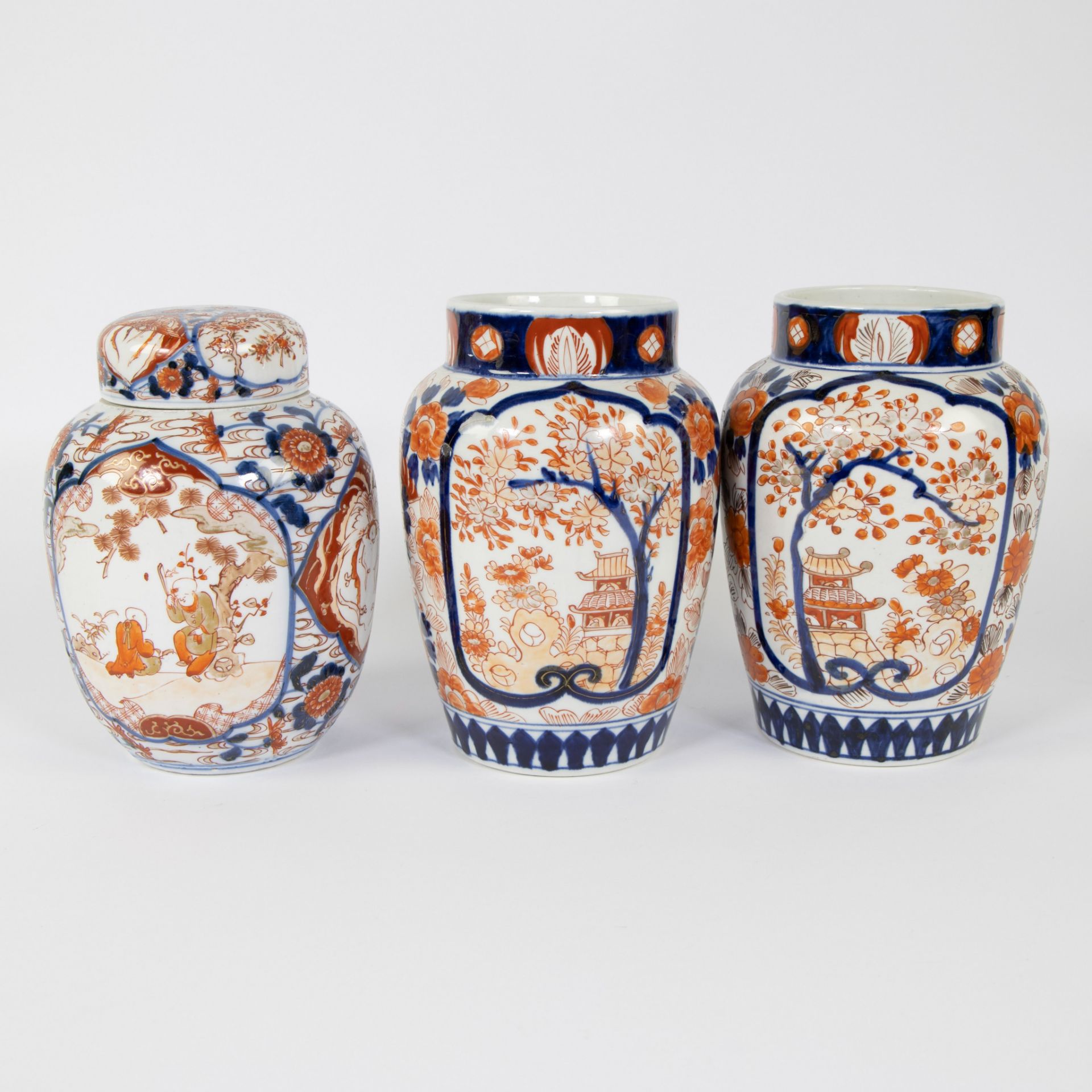 Pair of Japanese Imari lidded vases and one convex lidded vase, 19th century - Image 3 of 6