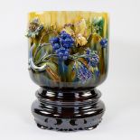 Jardiniere en barbotine glazed ceramic decorated with snails and grapes, marked