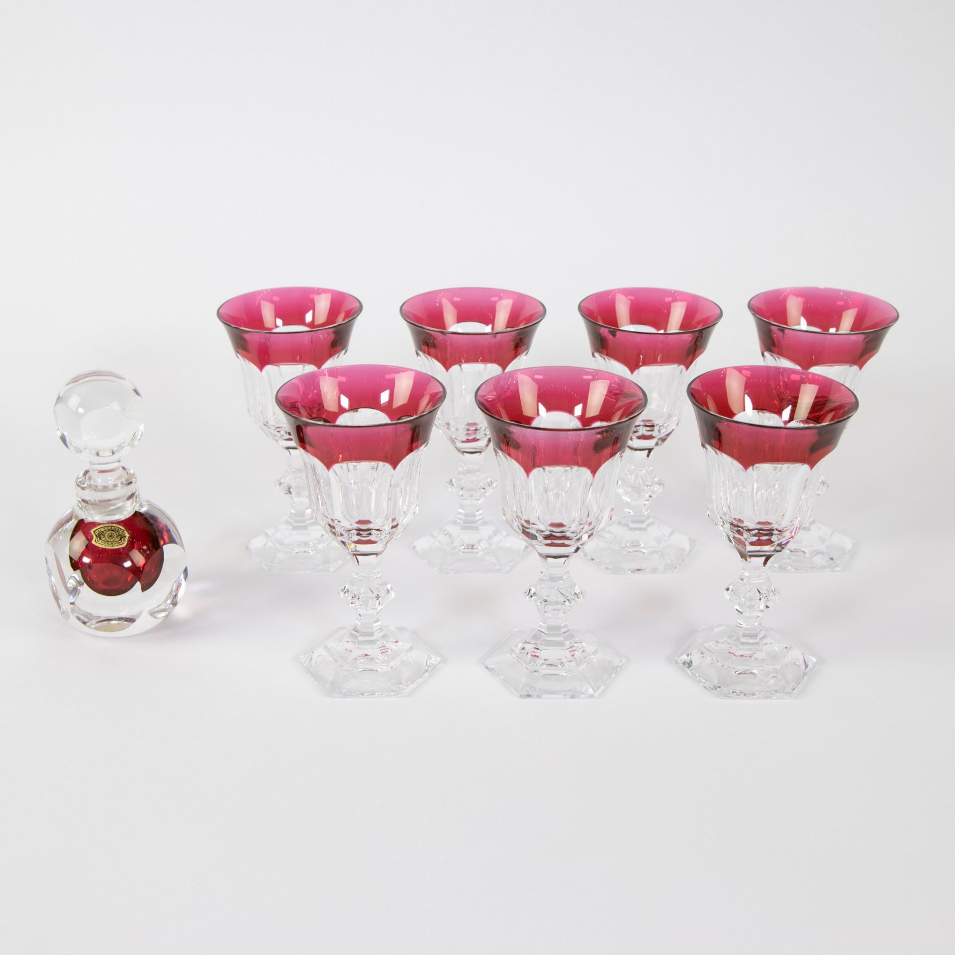 Val Saint Lambert lot of 7 red cut crystal glasses, signed, and perfume bottle with original label