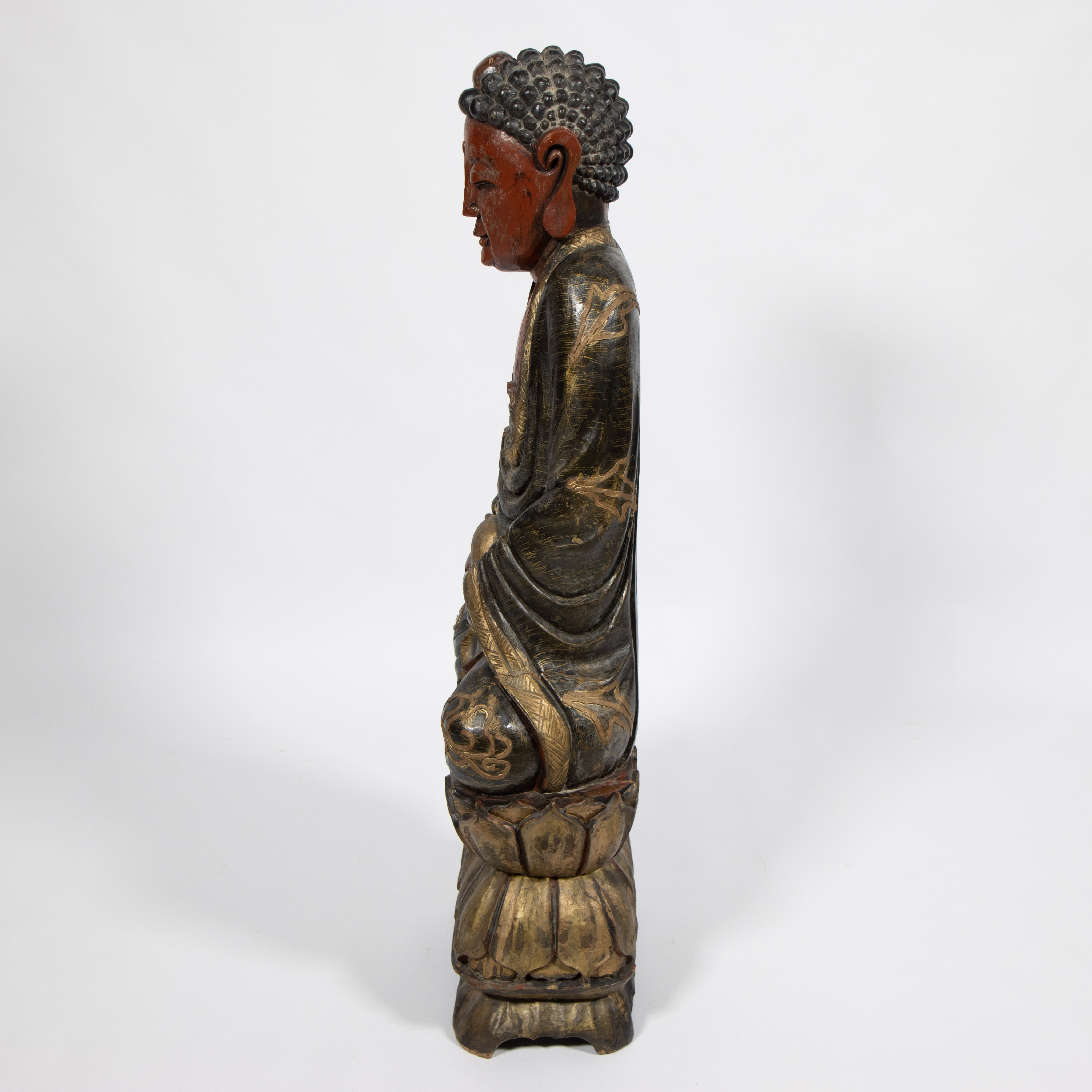 Buddha polychrome wood sitting in a padmasana (meditation pose) on a triple lotus throne - Image 2 of 4