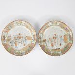 Near-pair of Canton porcelain plates decorated in polychrome enamels to depict scholar and pupils in