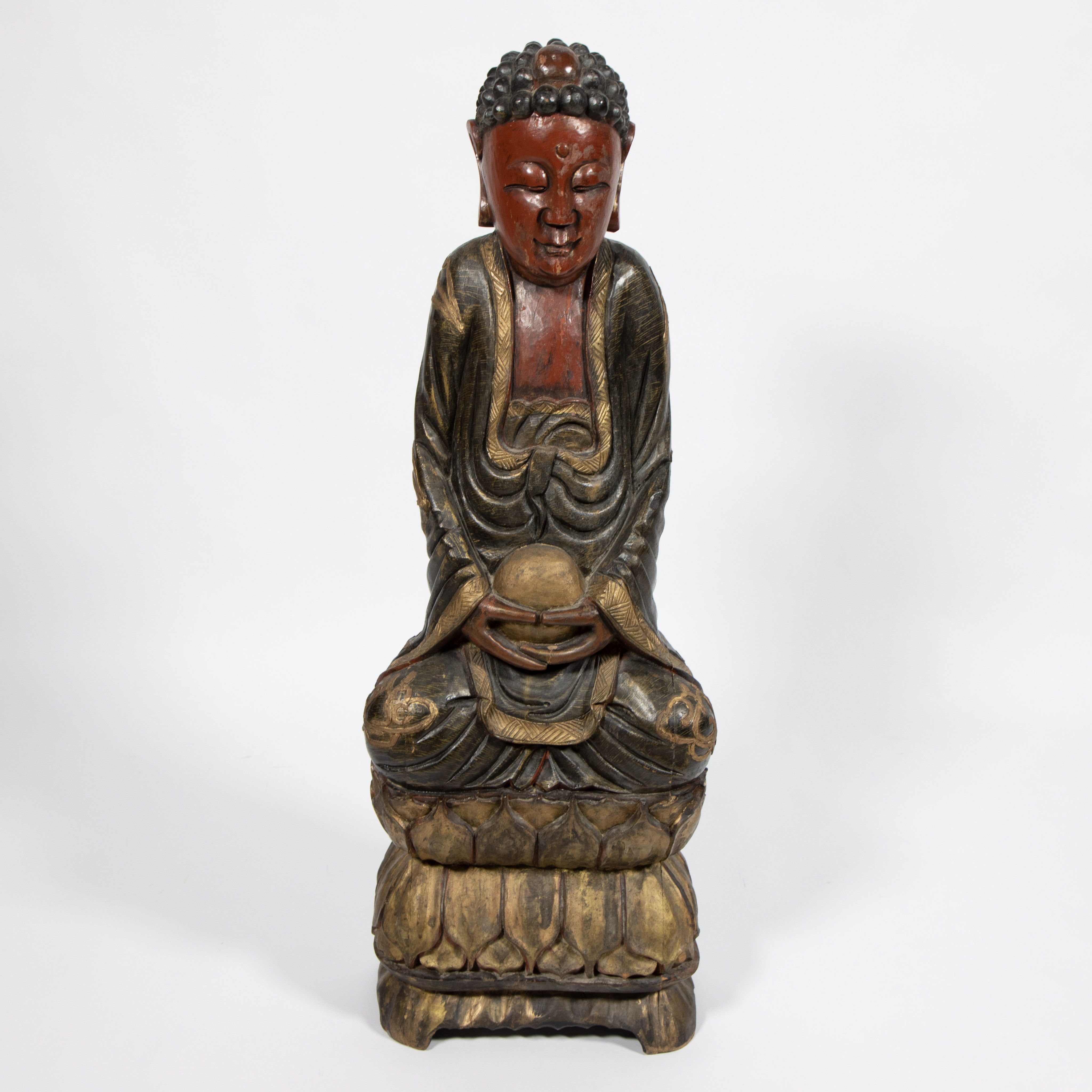 Buddha polychrome wood sitting in a padmasana (meditation pose) on a triple lotus throne