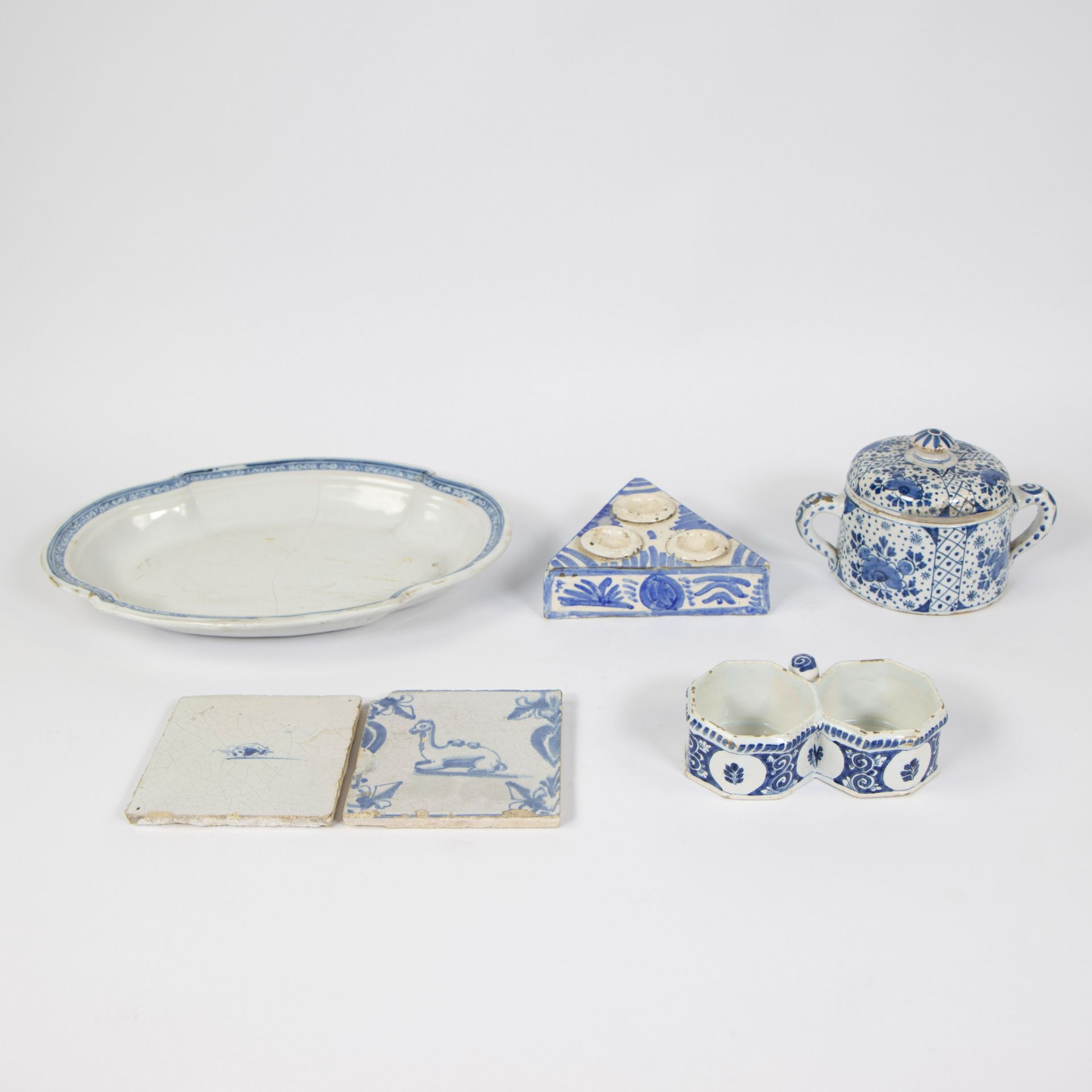 Collection of various faience, Moustier oval dish 18th, 2 Delft tile 17th, Spanish salt and spice ve - Image 2 of 12