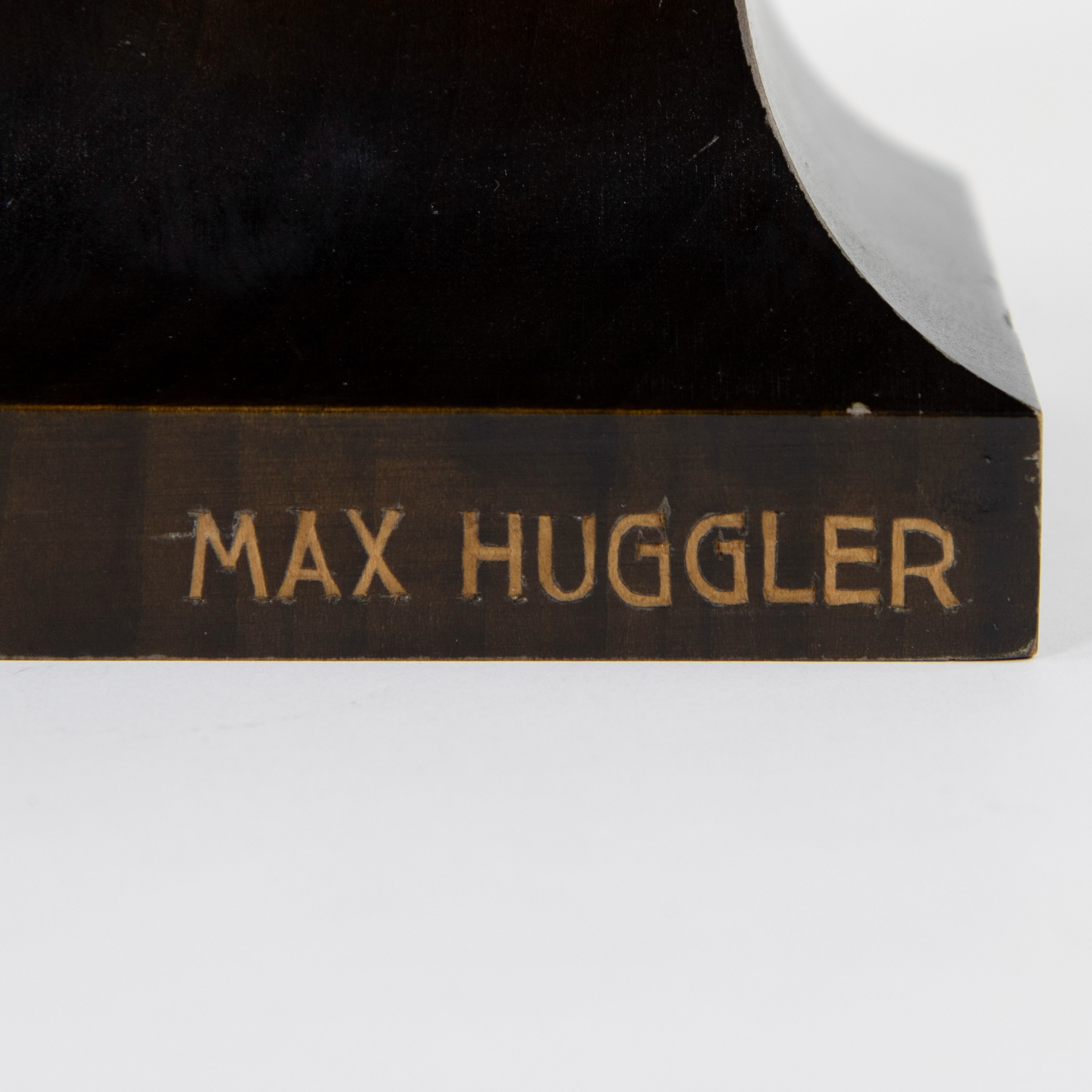 Polychrome wooden bust of a pipe-smoking man, Black Forest, signed Max Huggler. - Image 4 of 5