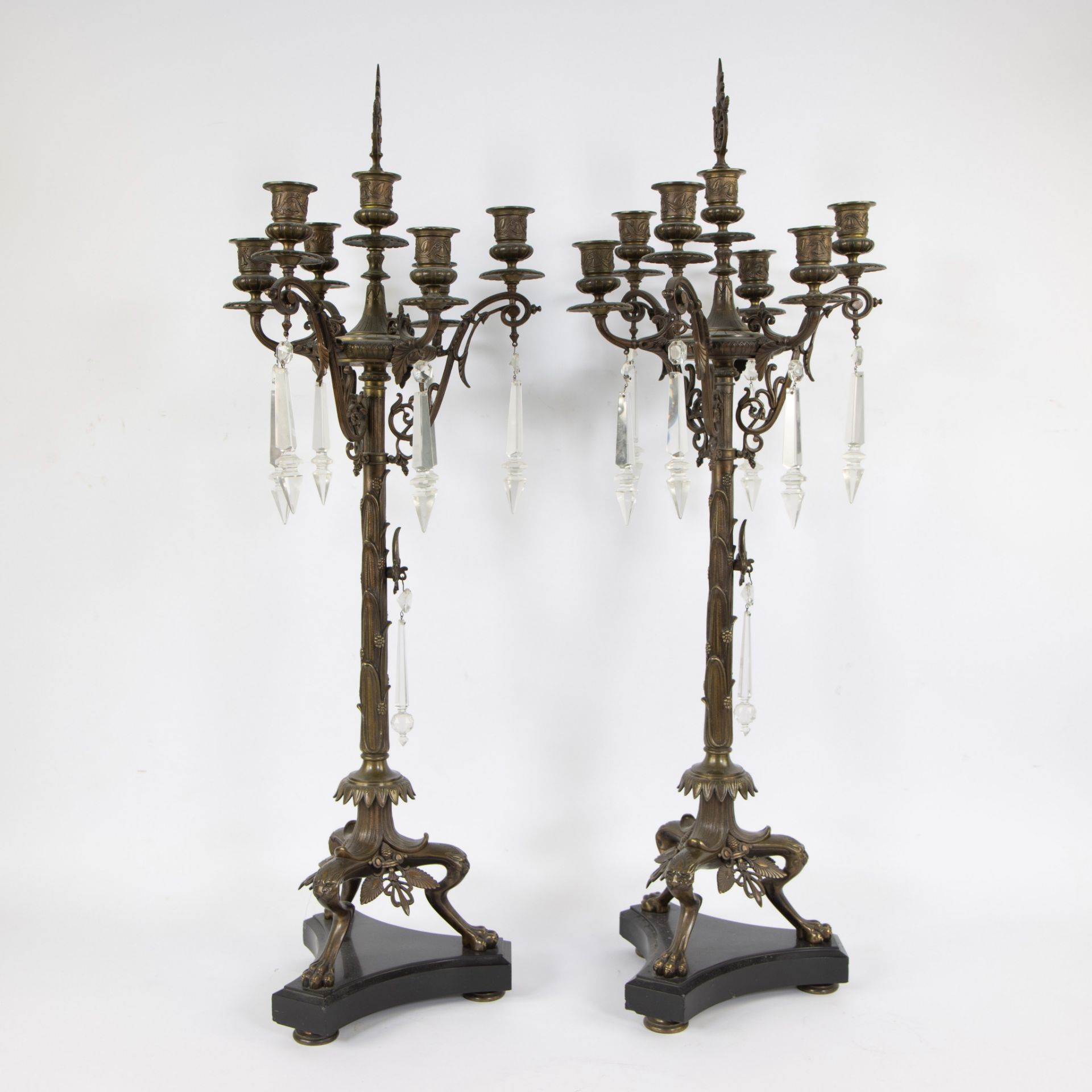 Two large rare solid bronze 19th century candlesticks with 7 light points, standing on claw feet and - Image 5 of 5