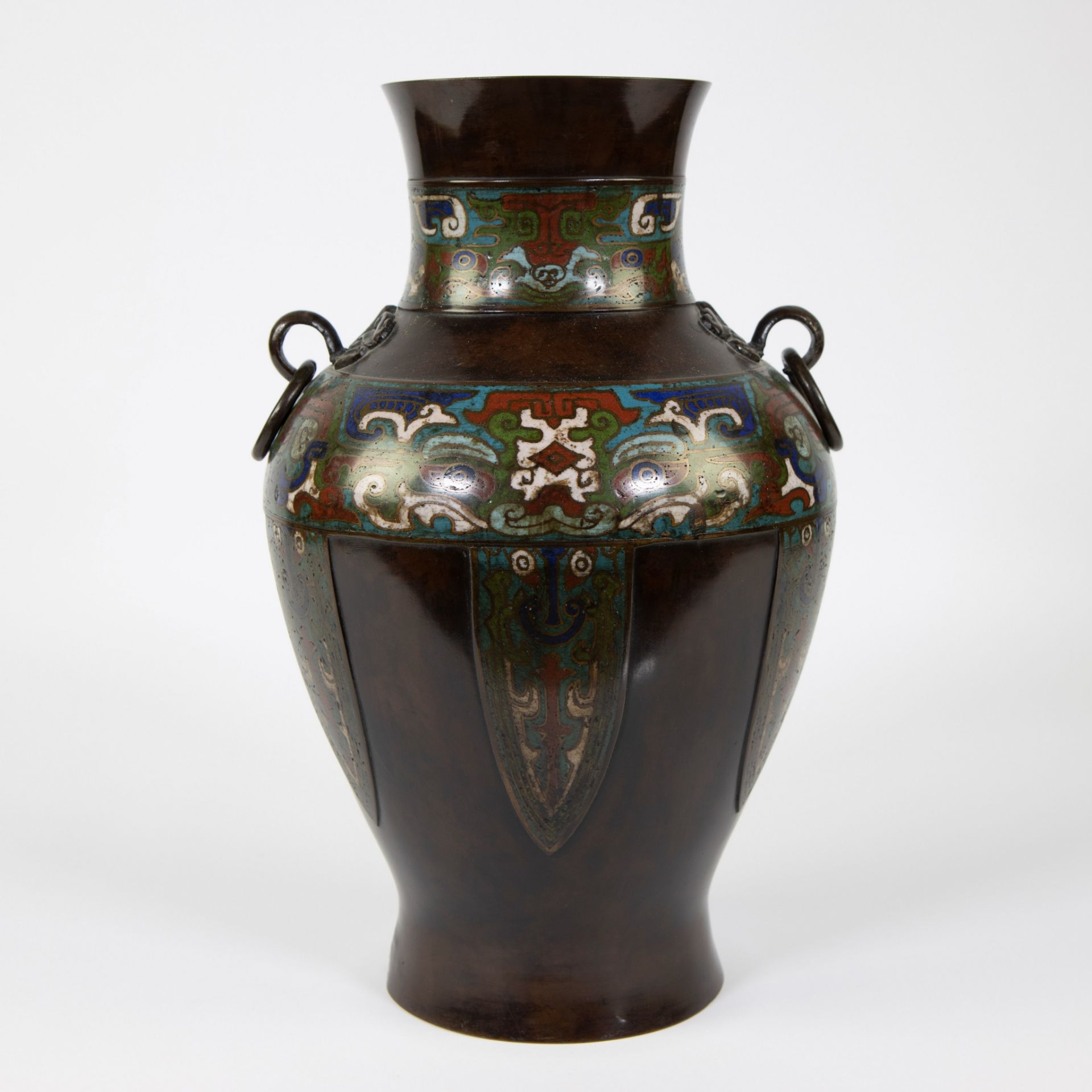 Japanese bronze champlevé vase, marked, 19th century - Image 3 of 5