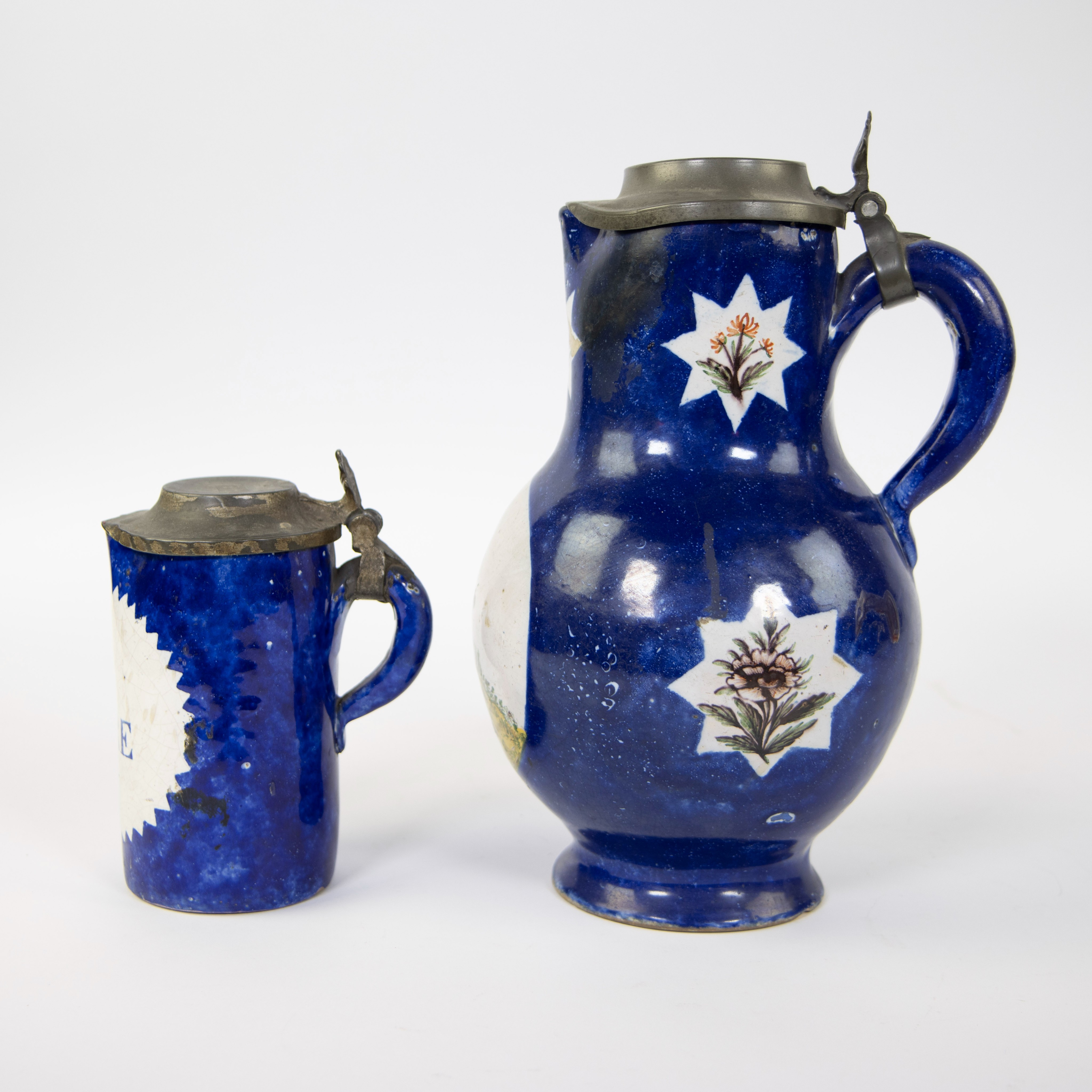Brussels faience jug and a beer jug with pewter lid, 18th century - Image 2 of 5
