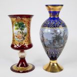 Lot of 2 mouth-blown fine glass vase and cup with enamel decor, Murano