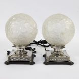 Pair of Art Deco table lamps in silver plated brass and glass balls with butterfly motif