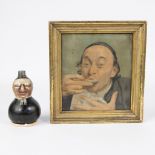 Lot of a rare gourd painted bottle with decor of a clergyman, pewter screw cap, French early 19th ce