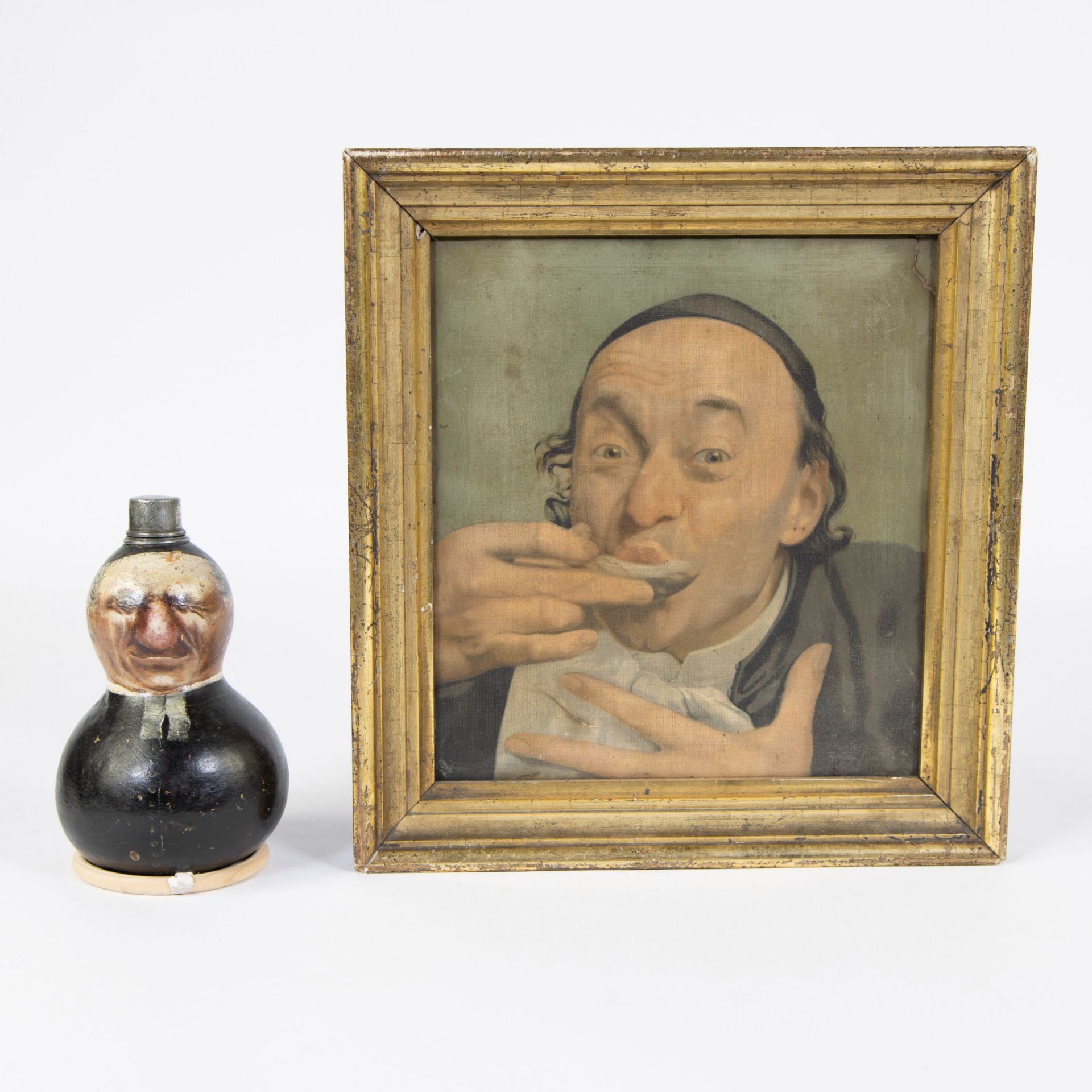 Lot of a rare gourd painted bottle with decor of a clergyman, pewter screw cap, French early 19th ce