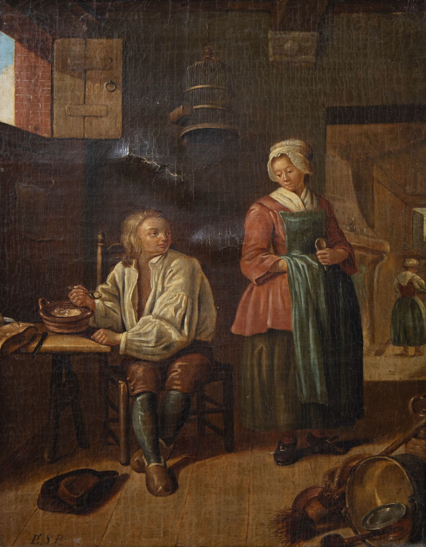 18th century oil on canvas The Inn, monogram PSP